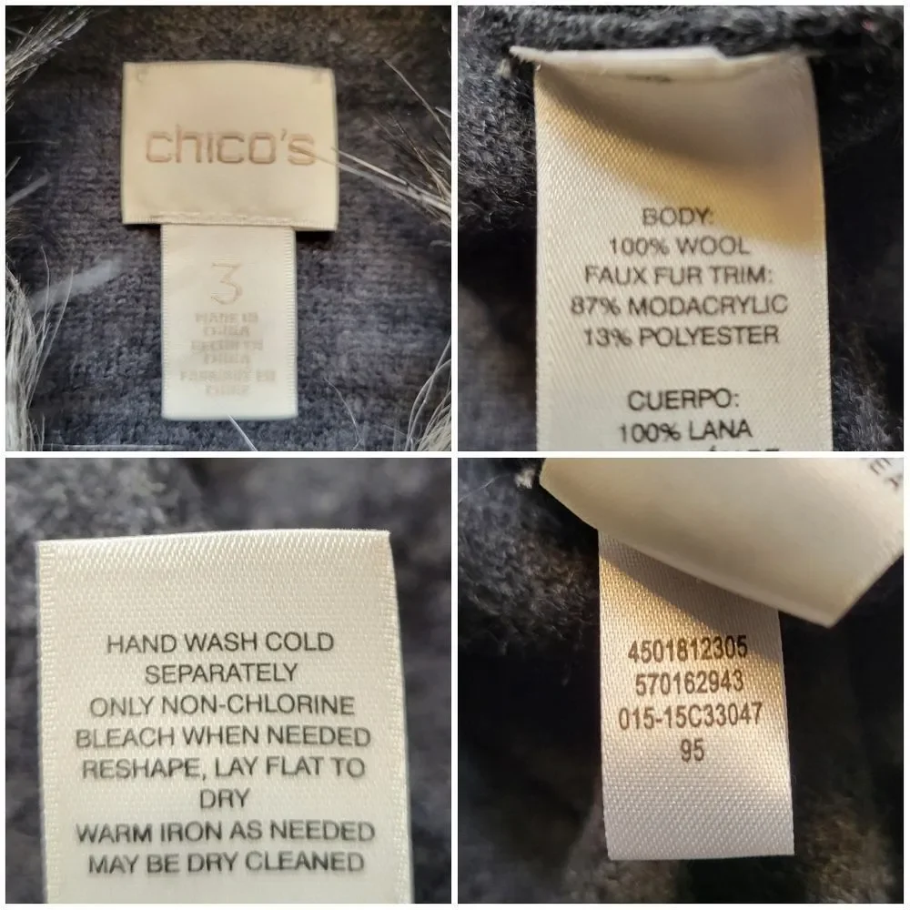 Chico's Wool Gray Button Up Cardigan Sweater Jacket with Faux Fur Collar